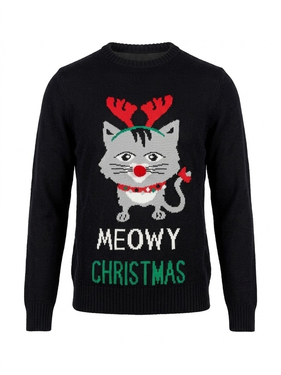 imagin8 Sweaters - Holiday Cat "Meowy Christmas" Sweater - Black
